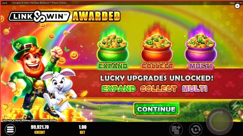 Pemandangan indah bukit Irlandia dan karakter leprechaun dalam Harrigan & Hare Rainbow Bonanza Power Combo