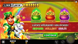 Pemandangan indah bukit Irlandia dan karakter leprechaun dalam Harrigan & Hare Rainbow Bonanza Power Combo