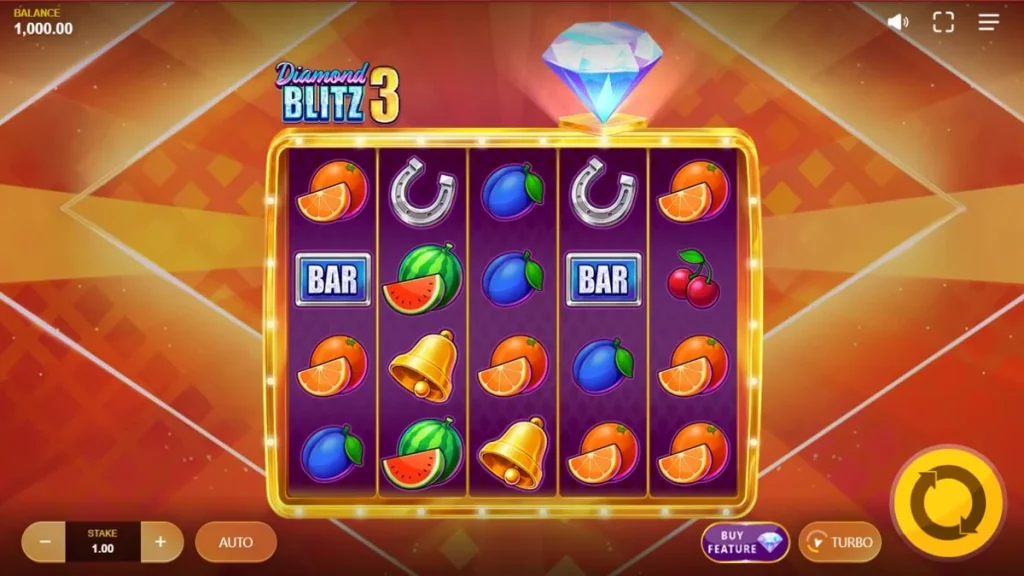 Tampilan visual slot Diamond Blitz 3 dengan simbol permata dan buah-buahan yang berkilau.