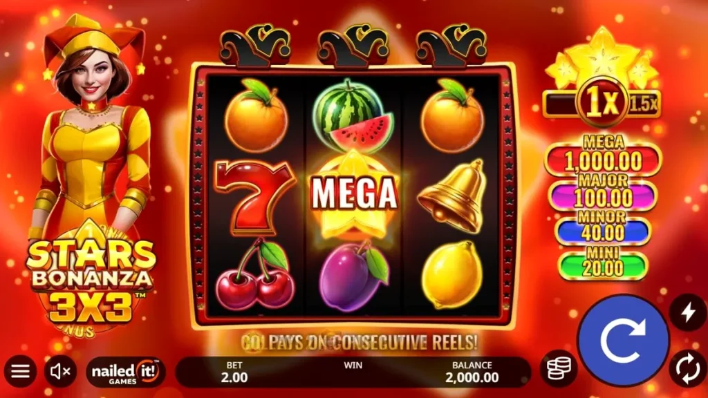 Tampilan grid 3x3 pada slot Stars Bonanza 3x3 dengan tema buah dan kosmik