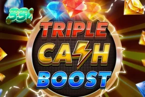 Tampilan visual slot Triple Cash Boost dengan elemen neon dan simbol buah futuristik.
