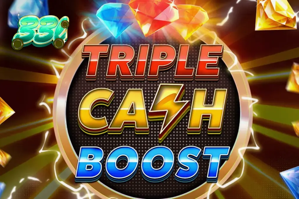 Tampilan visual slot Triple Cash Boost dengan elemen neon dan simbol buah futuristik.