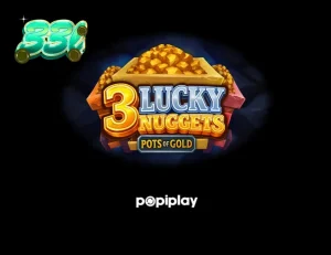 Ilustrasi penambang kartun yang memegang bongkahan emas besar di samping gulungan slot 3 Lucky Nuggets.