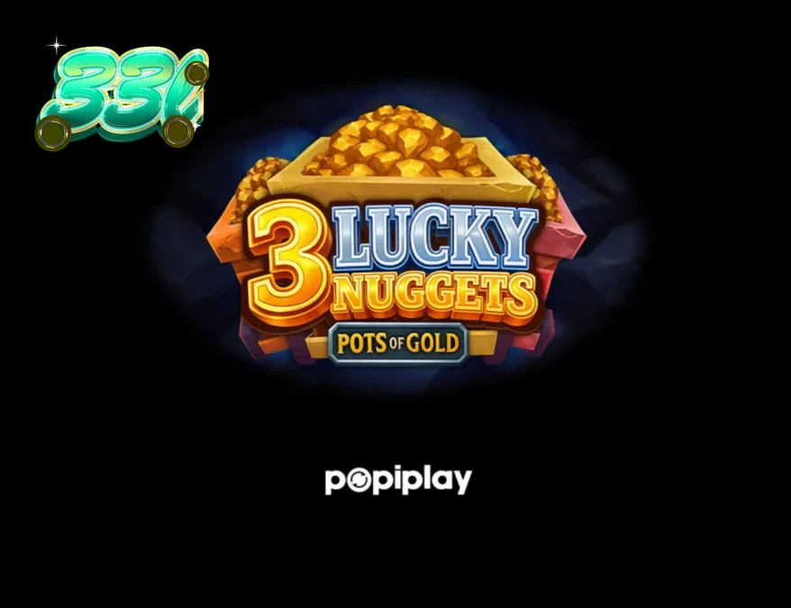 Ilustrasi penambang kartun yang memegang bongkahan emas besar di samping gulungan slot 3 Lucky Nuggets.